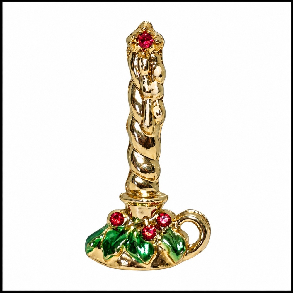 Vintage Gold Tone Christmas Taper Candle Brooch Red Rhinestone Holly Enamel Pin